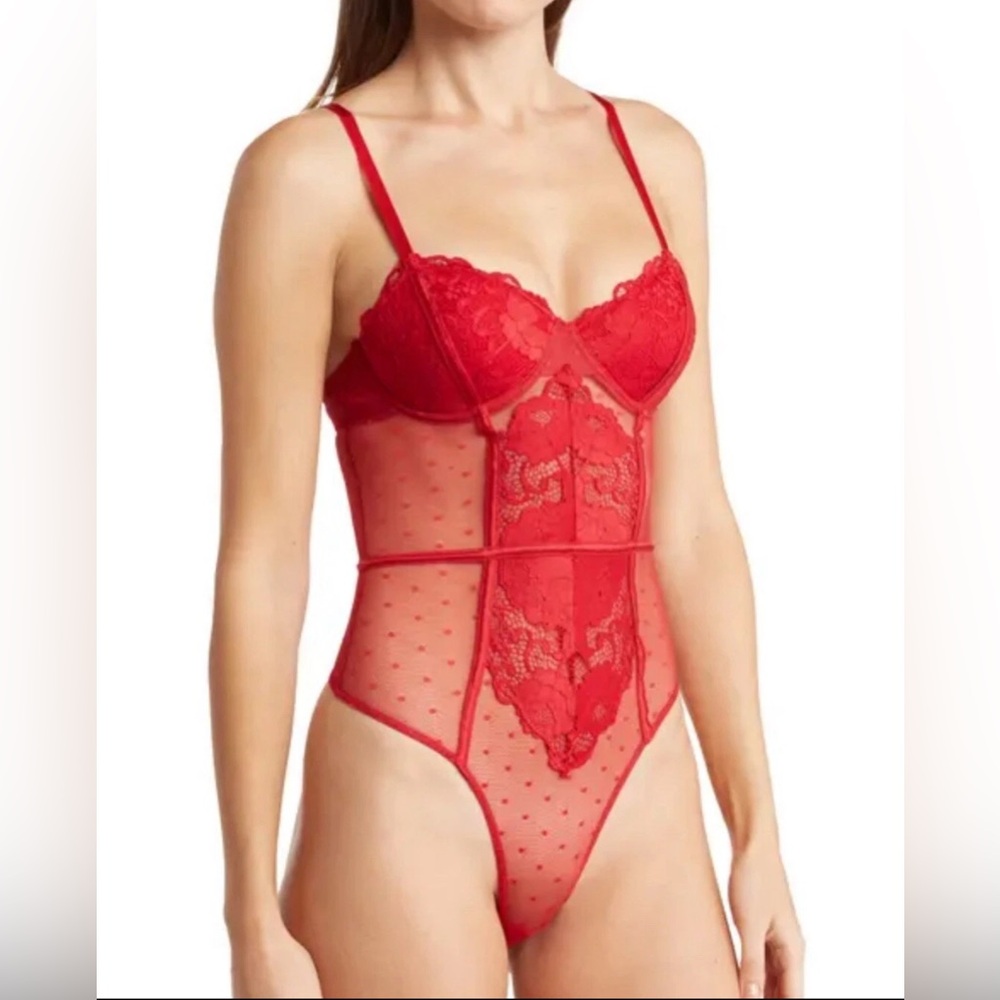 Honeydew Intimates Red Louisa Lace Dot Mesh Teddy Bodysuit Size Large (8…